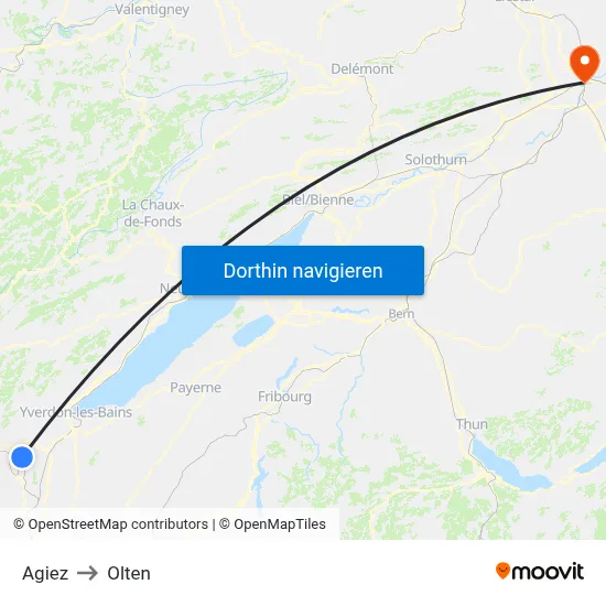 Agiez to Olten map
