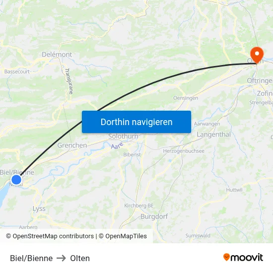 Biel/Bienne to Olten map