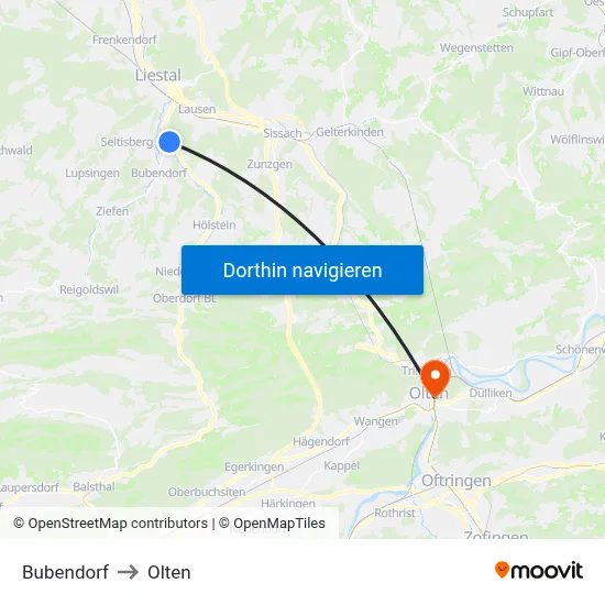 Bubendorf to Olten map