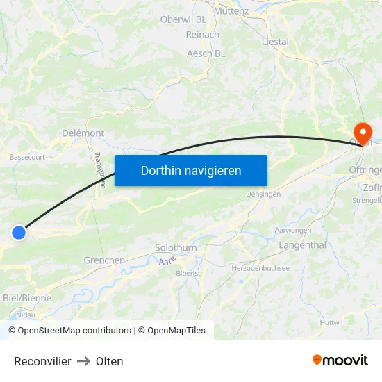 Reconvilier to Olten map