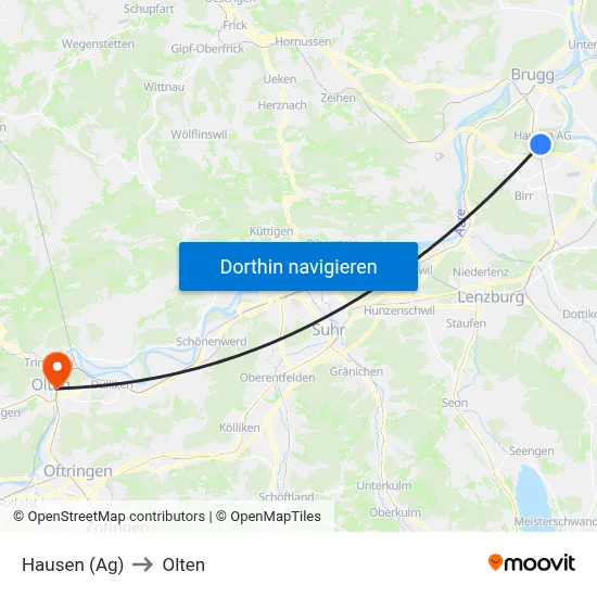 Hausen (Ag) to Olten map