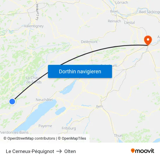 Le Cerneux-Péquignot to Olten map