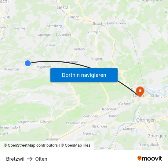 Bretzwil to Olten map