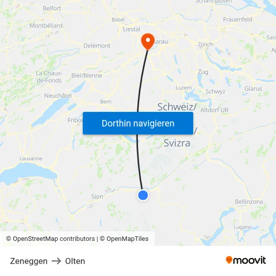 Zeneggen to Olten map