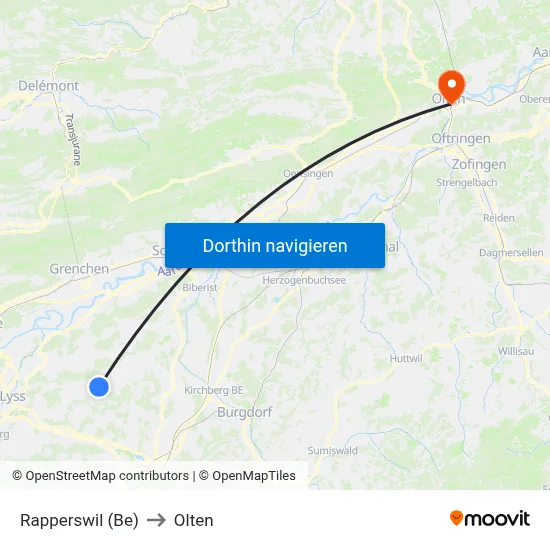 Rapperswil (Be) to Olten map