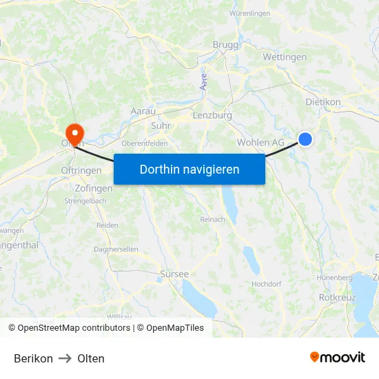 Berikon to Olten map