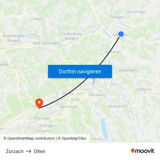 Zurzach to Olten map