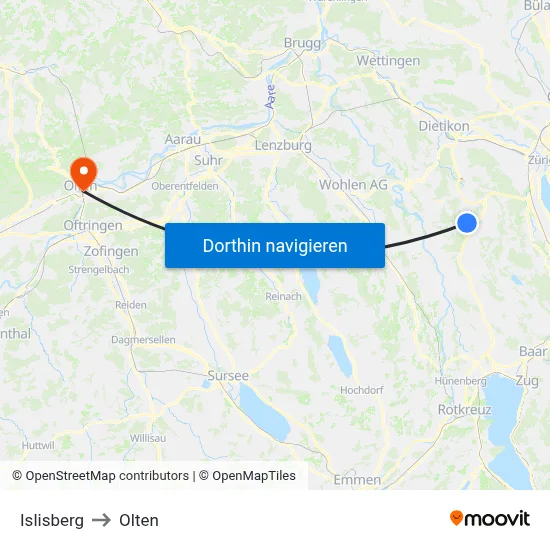 Islisberg to Olten map