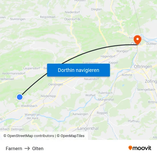 Farnern to Olten map