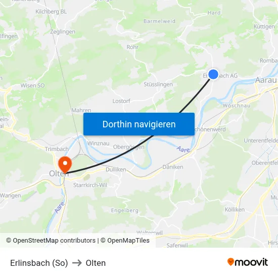 Erlinsbach (So) to Olten map