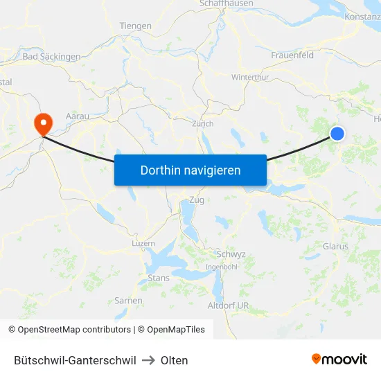 Bütschwil-Ganterschwil to Olten map