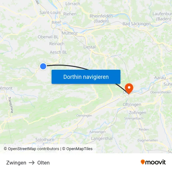 Zwingen to Olten map