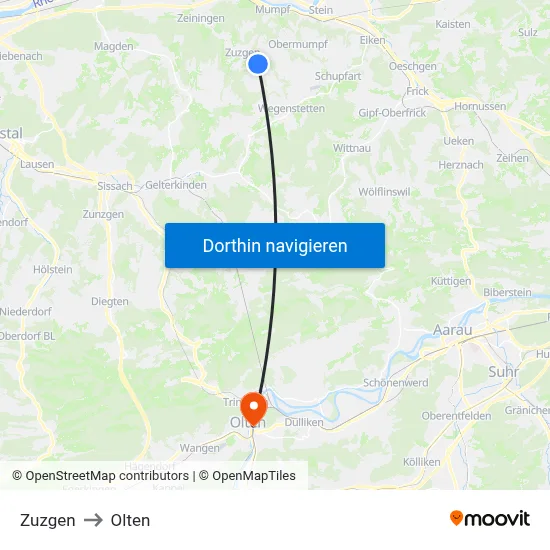 Zuzgen to Olten map