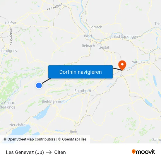 Les Genevez (Ju) to Olten map