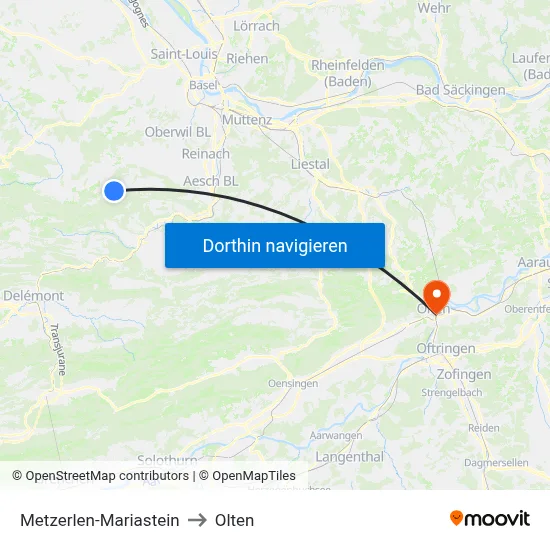 Metzerlen-Mariastein to Olten map