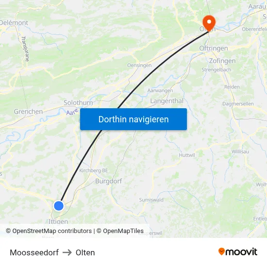 Moosseedorf to Olten map