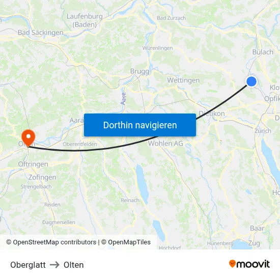 Oberglatt to Olten map