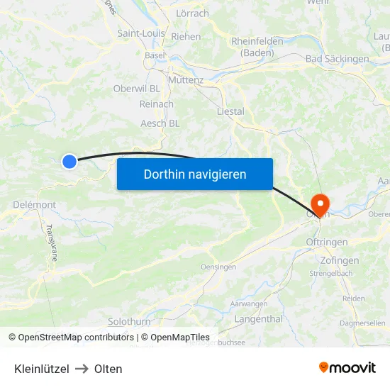 Kleinlützel to Olten map
