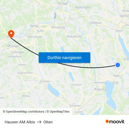 Hausen AM Albis to Olten map