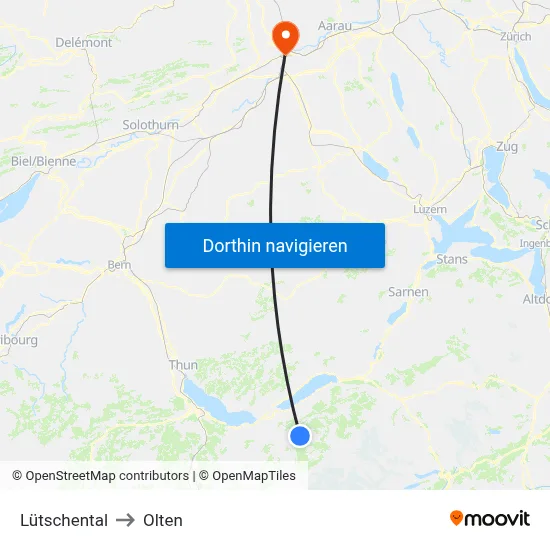 Lütschental to Olten map