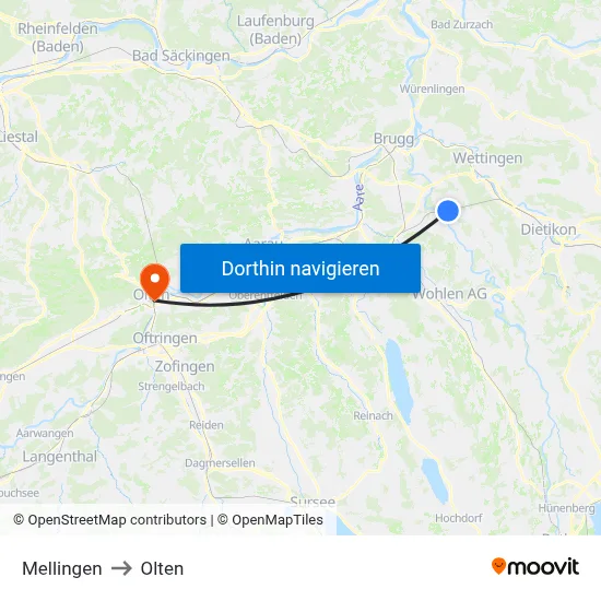 Mellingen to Olten map