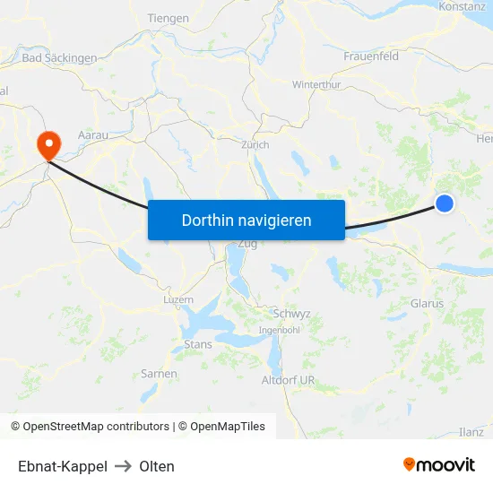Ebnat-Kappel to Olten map