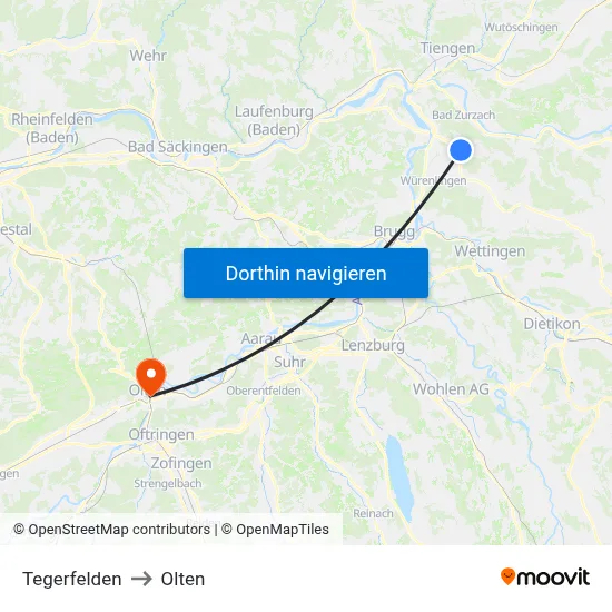 Tegerfelden to Olten map