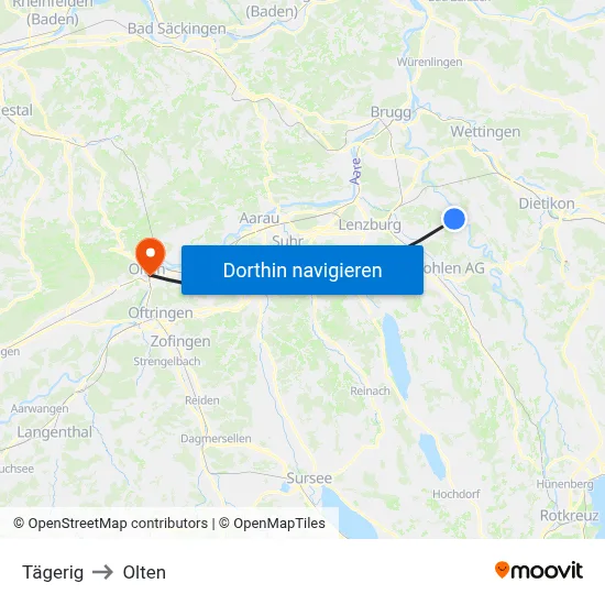 Tägerig to Olten map