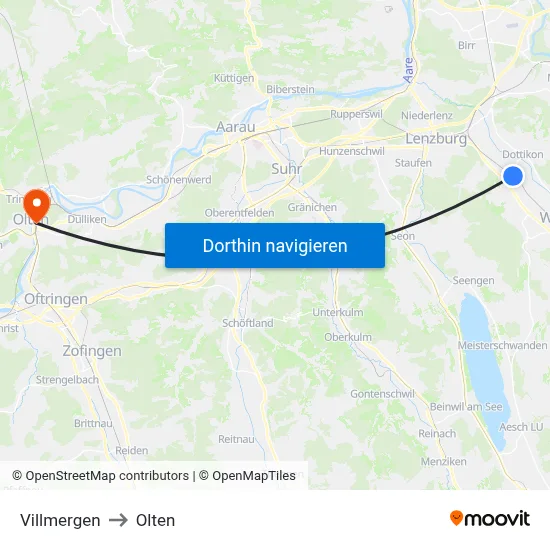 Villmergen to Olten map