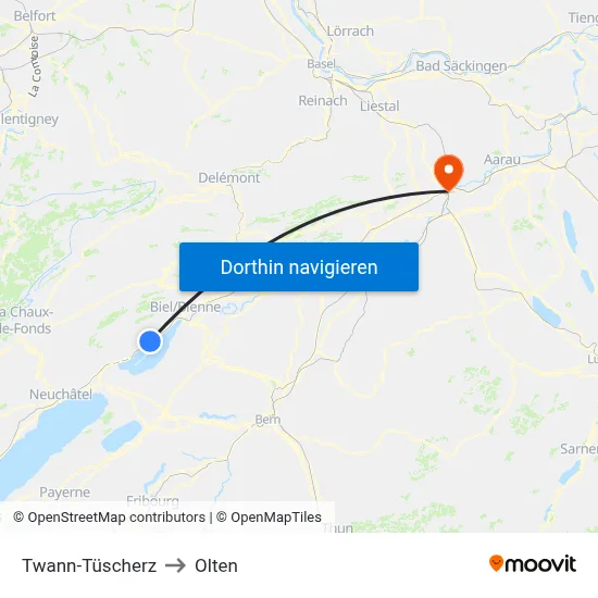 Twann-Tüscherz to Olten map