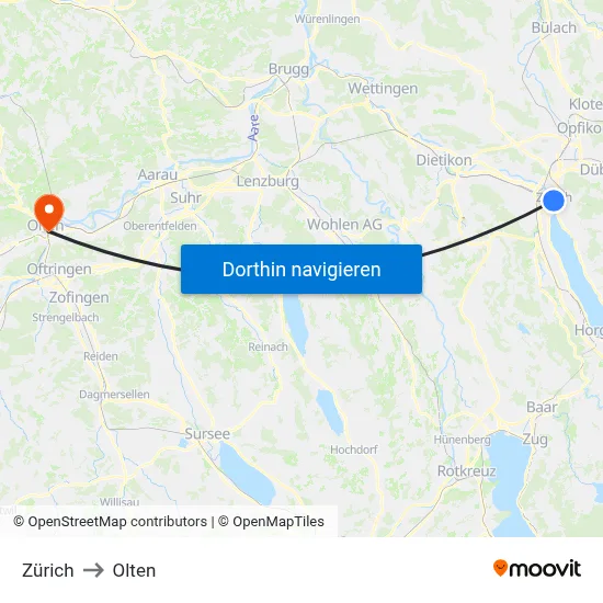 Zürich to Olten map
