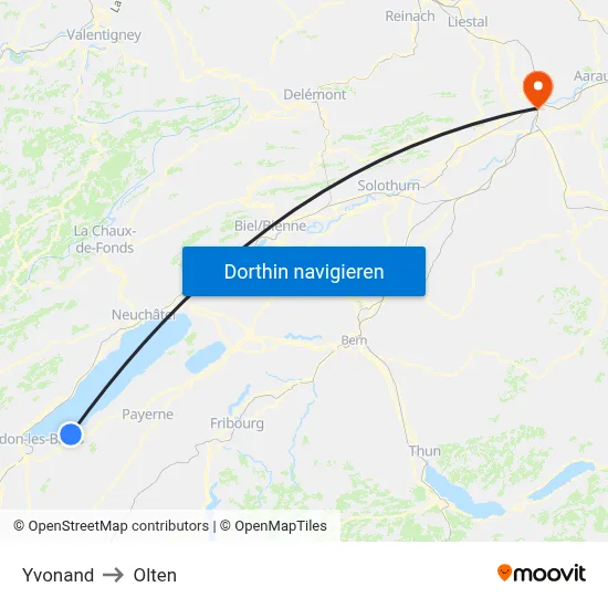 Yvonand to Olten map
