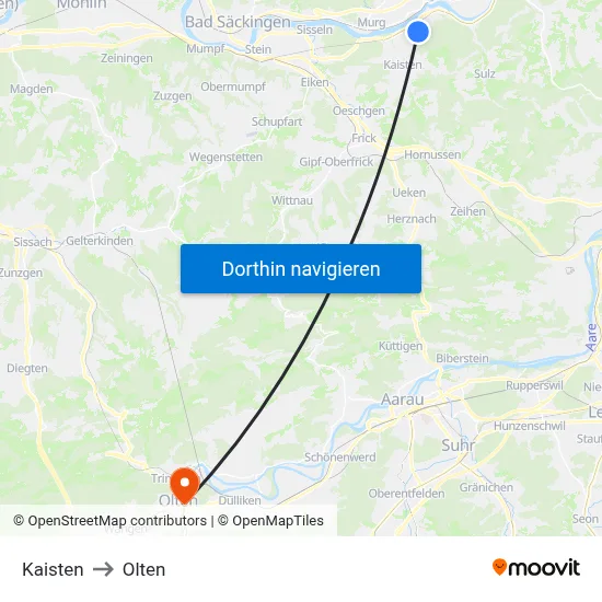 Kaisten to Olten map