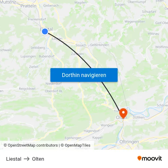 Liestal to Olten map