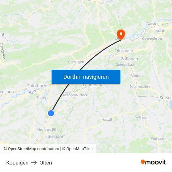 Koppigen to Olten map