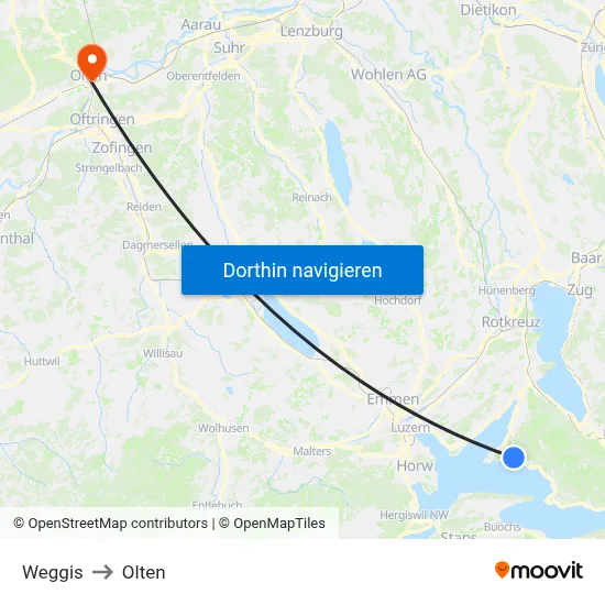 Weggis to Olten map