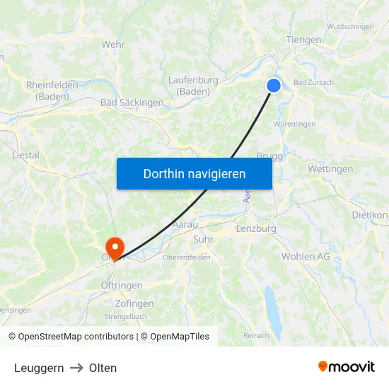 Leuggern to Olten map