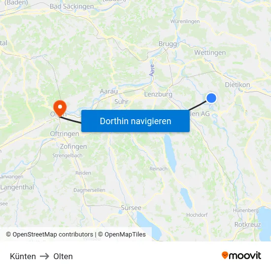 Künten to Olten map