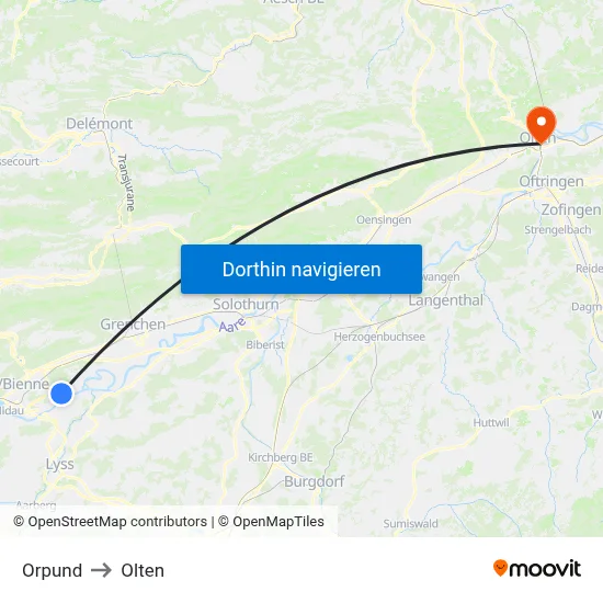 Orpund to Olten map