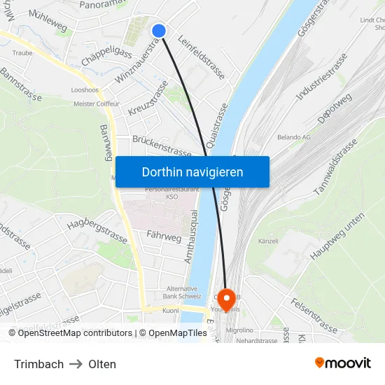 Trimbach to Olten map