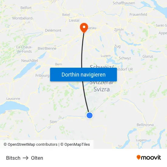 Bitsch to Olten map