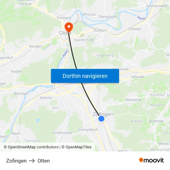 Zofingen to Olten map
