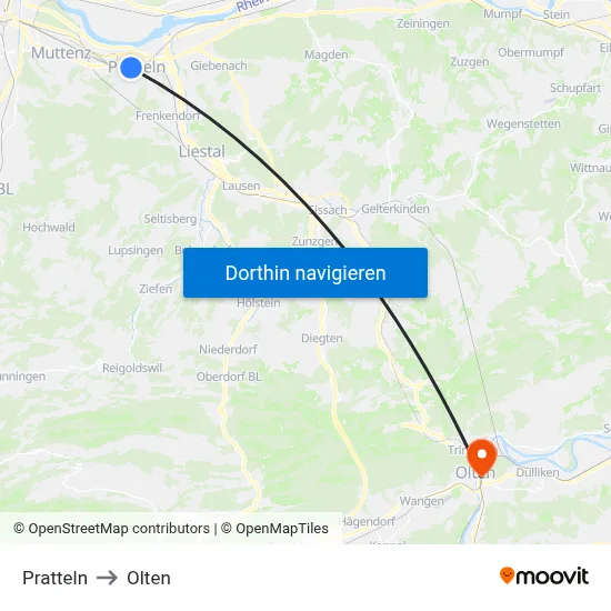 Pratteln to Olten map