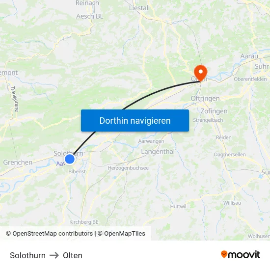 Solothurn to Olten map