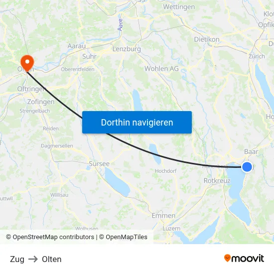 Zug to Olten map