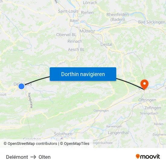 Delémont to Olten map