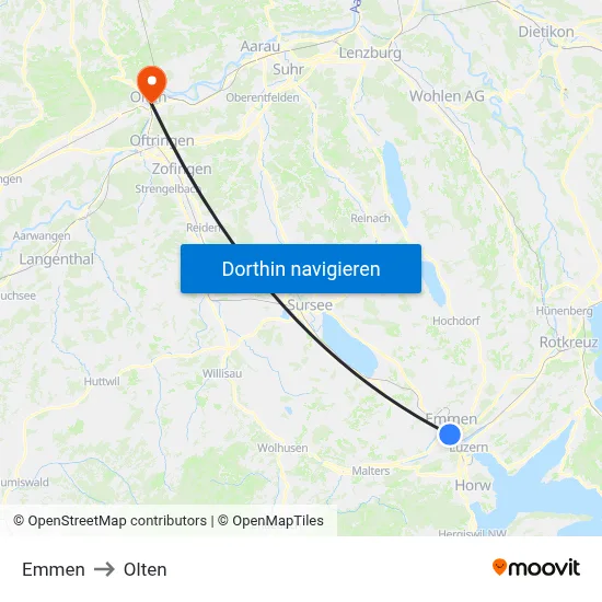 Emmen to Olten map
