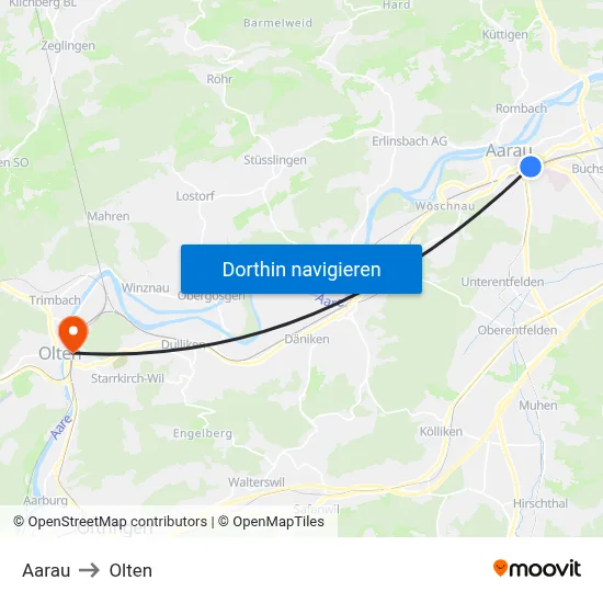 Aarau to Olten map