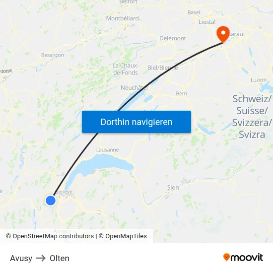 Avusy to Olten map