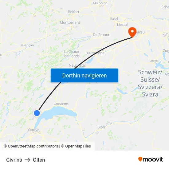 Givrins to Olten map
